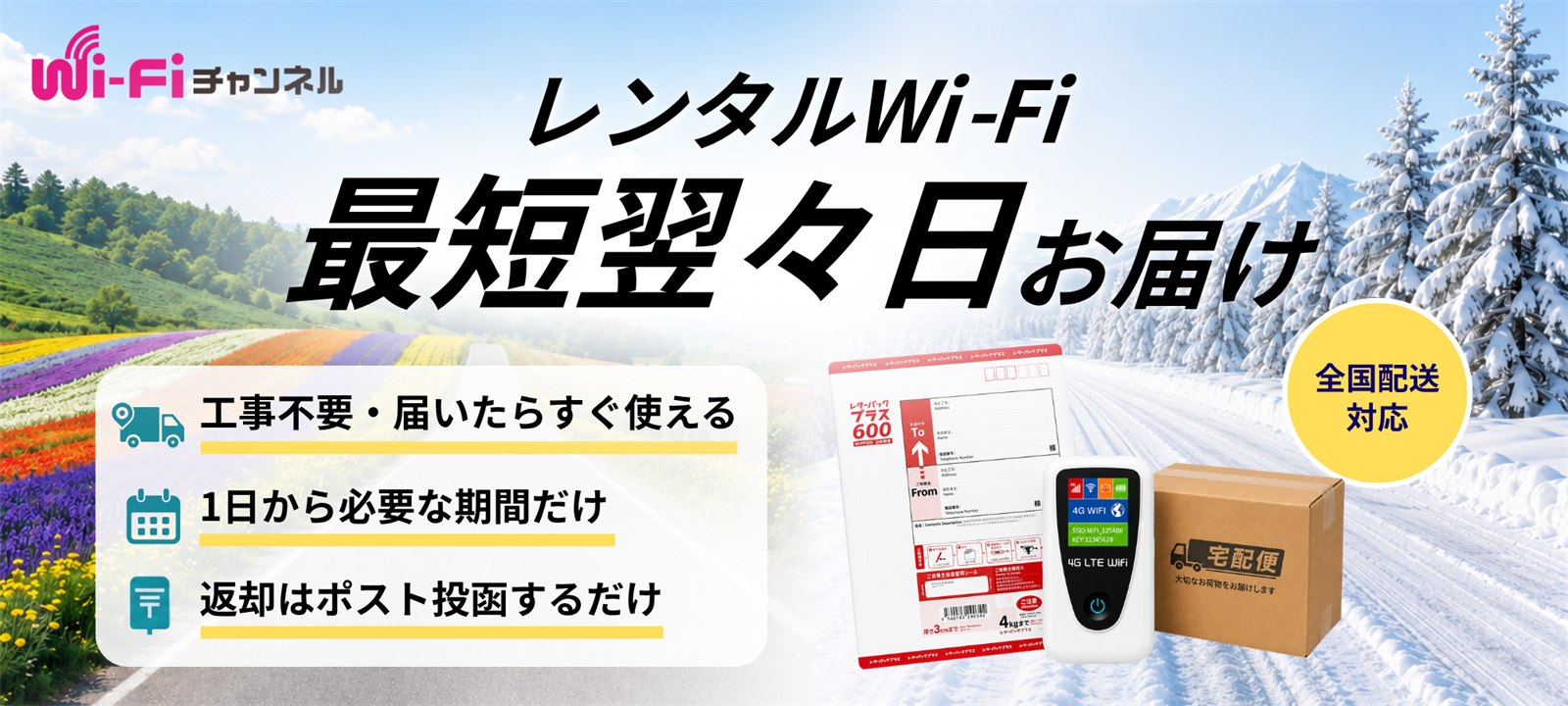 レンタルWi-Fi 最短翌々日お届け 全国配送対応・平日16時まで当日発送 工事不要で届いたらすぐ使える・1日から必要な期間だけ・返却はポストに投函するだけ